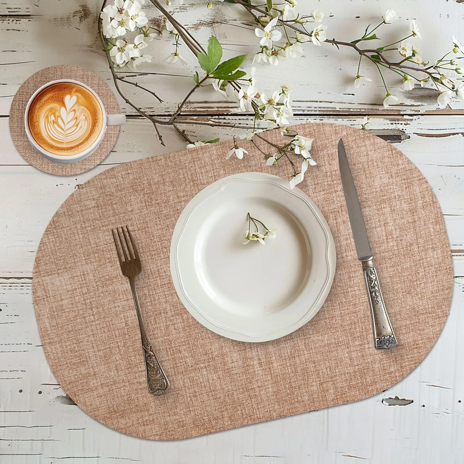 Faux Leather Placemats Set of 6 with Matching Coasters, Dual Sided Oval Placemats, Waterproof Wipeable Heat Resistant Place Mats, Non-Slip PU Table Placemats for Dining Table Kitchen Parties