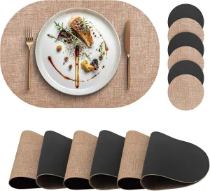 Faux Leather Placemats Set of 6 with Matching Coasters, Dual Sided Oval Placemats, Waterproof Wipeable Heat Resistant Place Mats, Non-Slip PU Table Placemats for Dining Table Kitchen Parties
