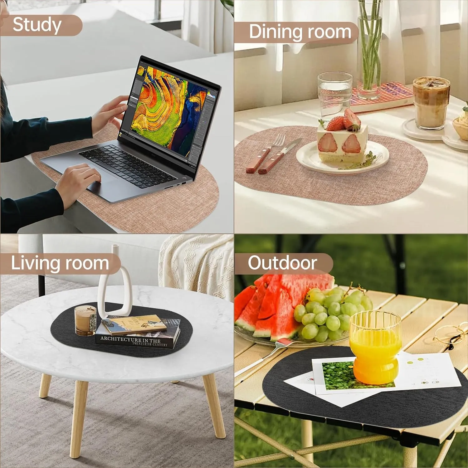 Faux Leather Placemats Set of 6 with Matching Coasters, Dual Sided Oval Placemats, Waterproof Wipeable Heat Resistant Place Mats, Non-Slip PU Table Placemats for Dining Table Kitchen Parties