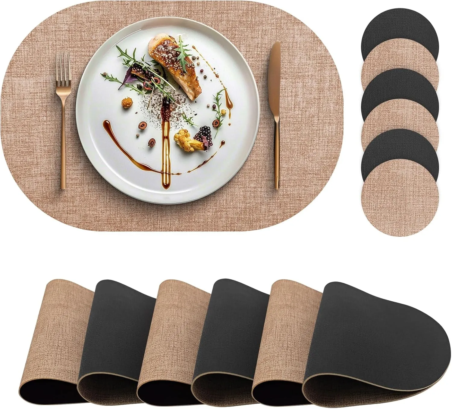 Faux Leather Placemats Set of 6 with Matching Coasters, Dual Sided Oval Placemats, Waterproof Wipeable Heat Resistant Place Mats, Non-Slip PU Table Placemats for Dining Table Kitchen Parties