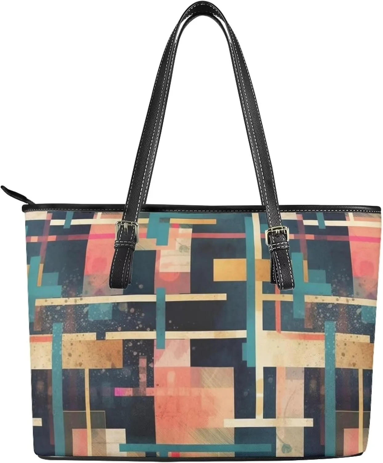 Faux Leather Tote Bag for Women, Modern Art Zipper Shoulder Bag Purses Large Capacity Casual Handbag Work, College