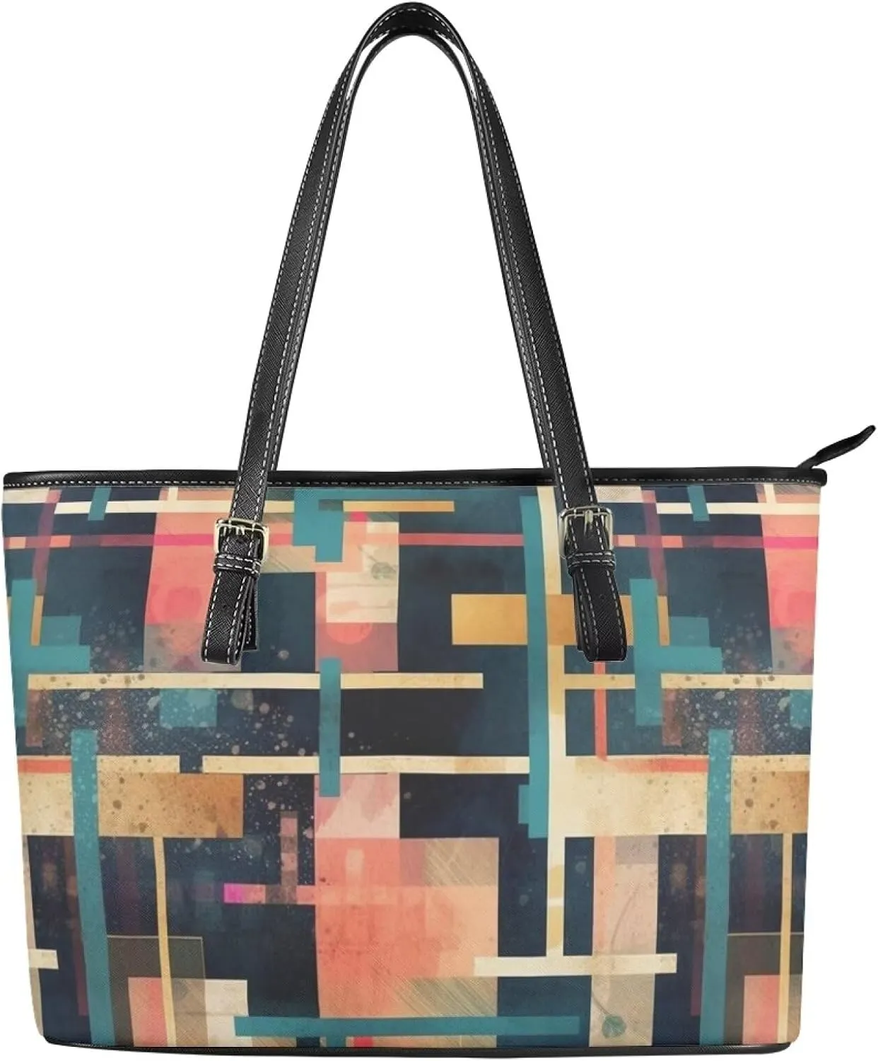 Faux Leather Tote Bag for Women, Modern Art Zipper Shoulder Bag Purses Large Capacity Casual Handbag Work, College
