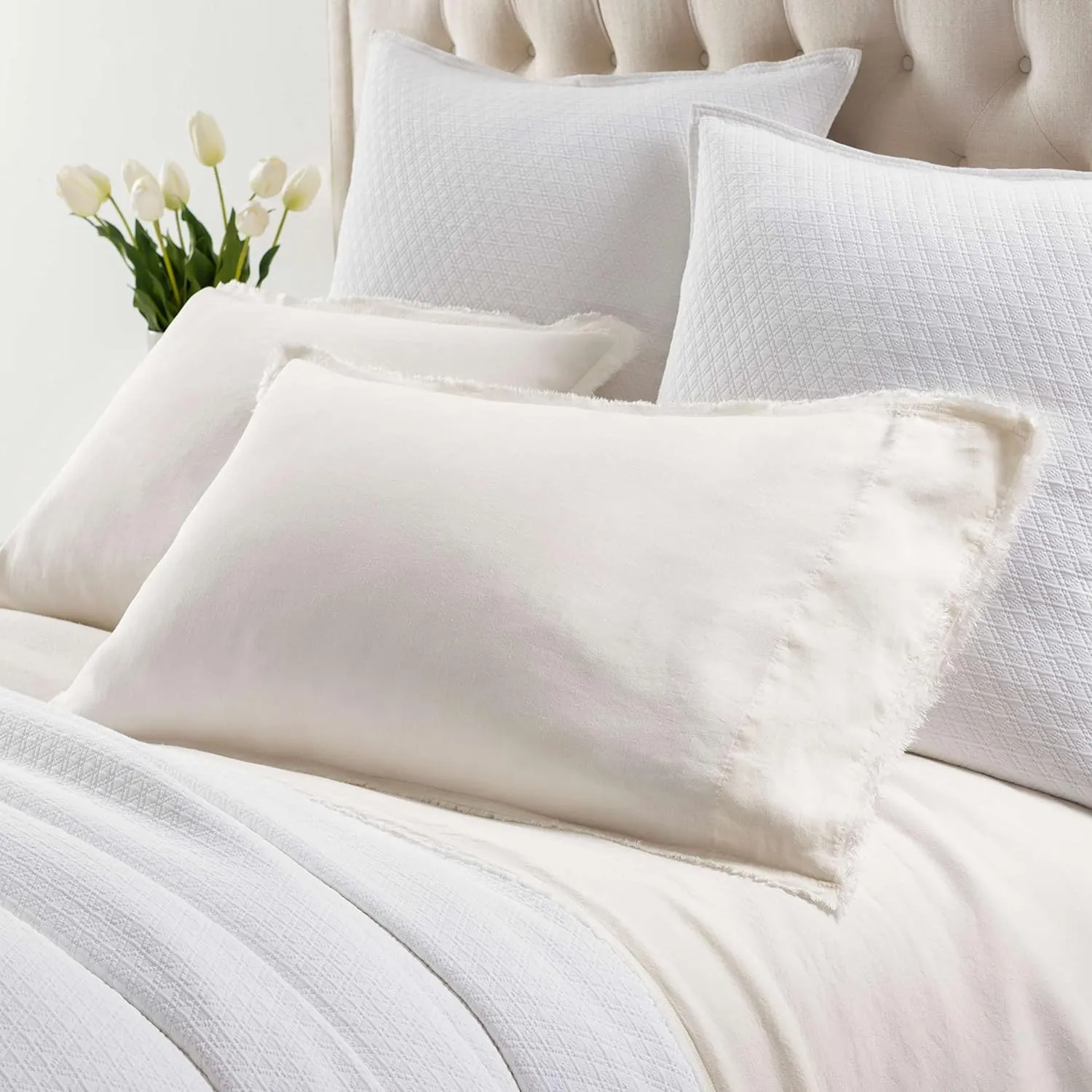 Faye Linen Dove White Pillowcases, King Size, Neutral/White Solid Pattern