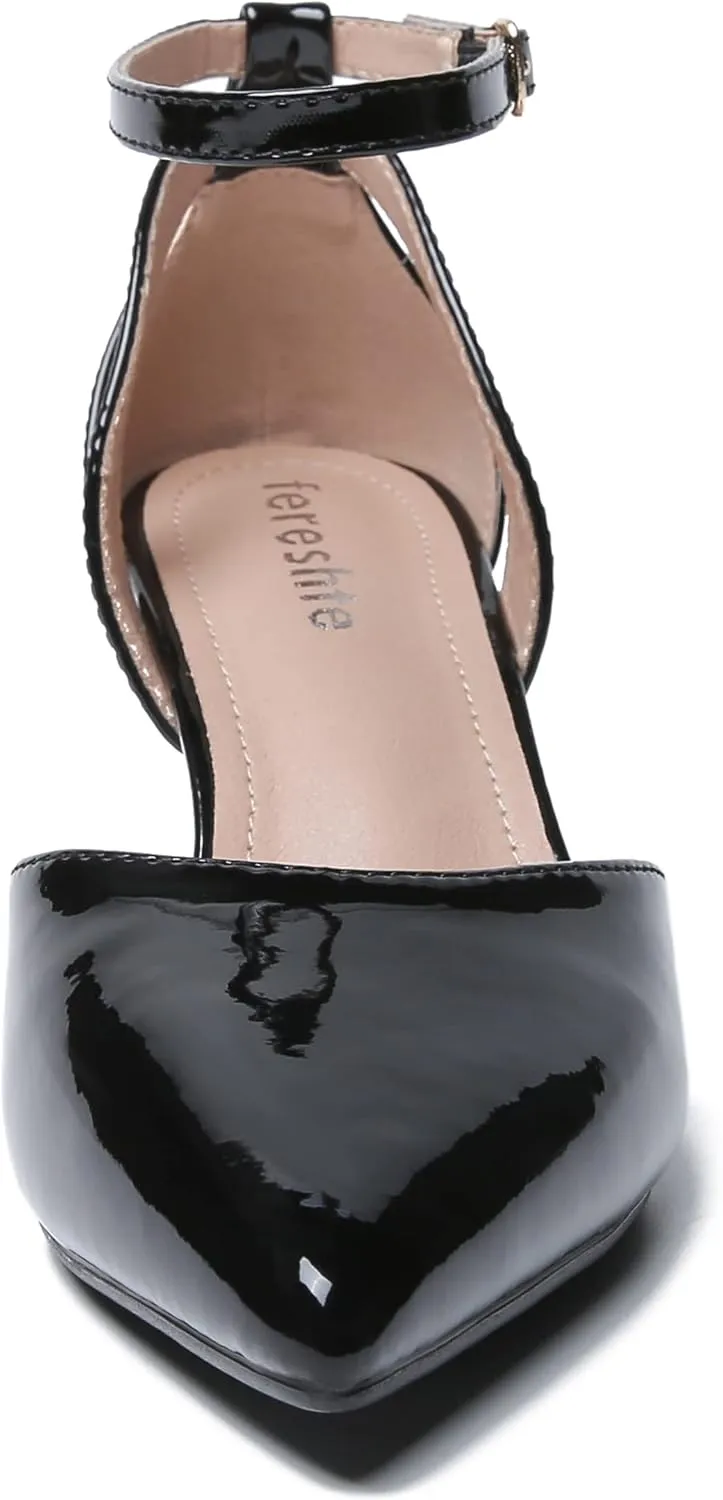 fereshte Women's Closed Pointed Toe Heels Ankle Strap Hollow Out D'Orsay Kitten Heel Dressy Pumps