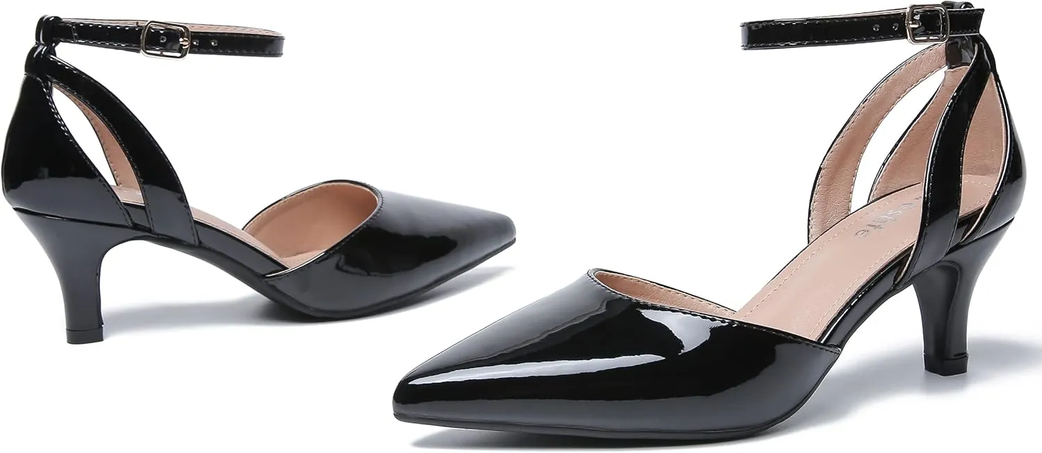 fereshte Women's Closed Pointed Toe Heels Ankle Strap Hollow Out D'Orsay Kitten Heel Dressy Pumps