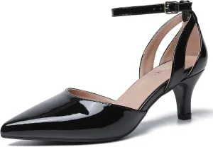 fereshte Women's Closed Pointed Toe Heels Ankle Strap Hollow Out D'Orsay Kitten Heel Dressy Pumps