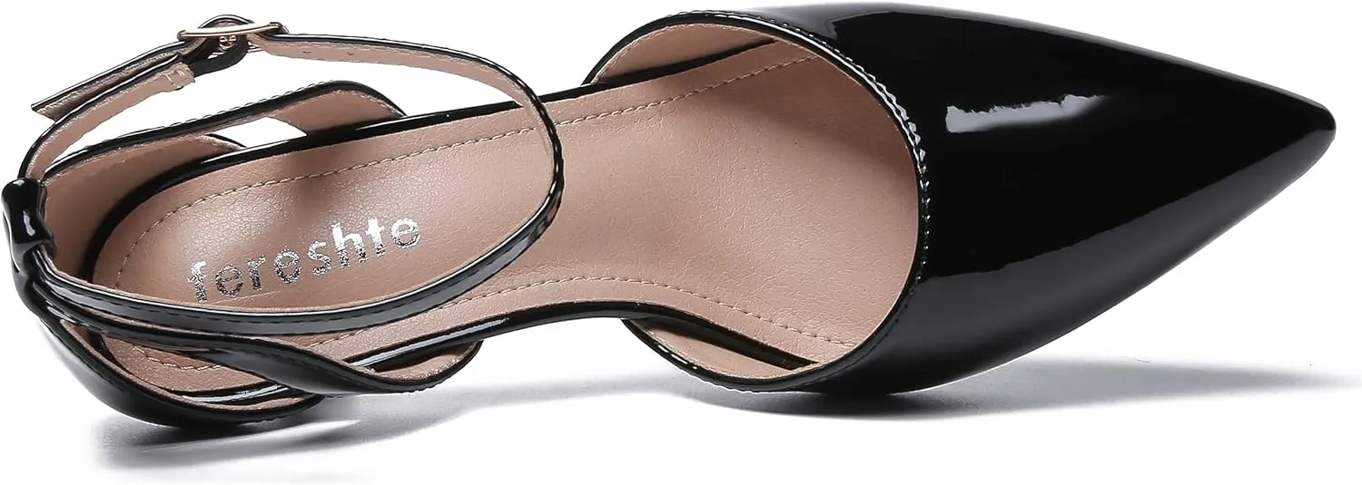 fereshte Women's Closed Pointed Toe Heels Ankle Strap Hollow Out D'Orsay Kitten Heel Dressy Pumps