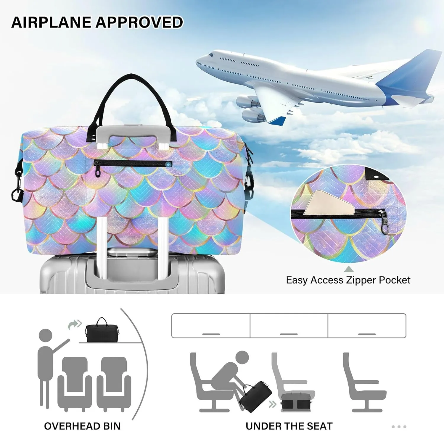 Fish Scale Travel Duffle Gym Bag, Fish Scales Colorful Print Weekender for Women with Toiletry Bag
