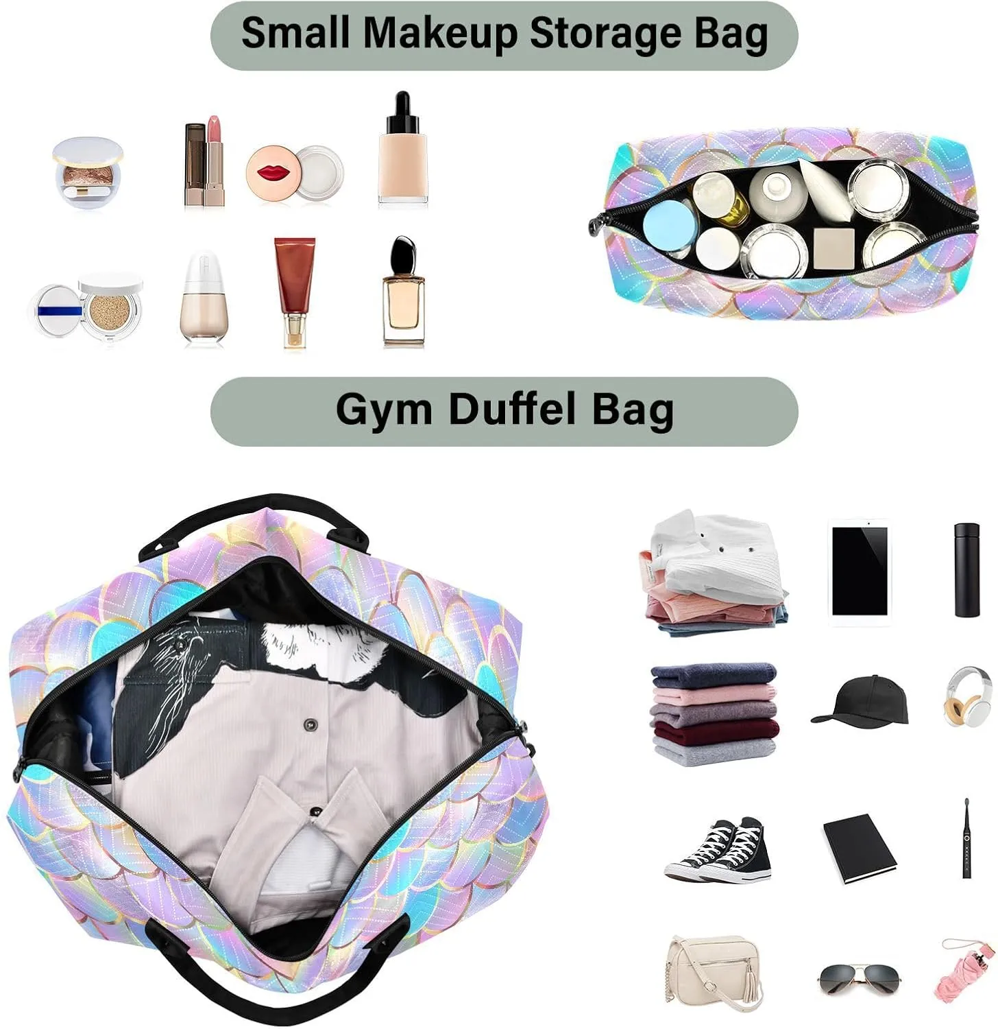 Fish Scale Travel Duffle Gym Bag, Fish Scales Colorful Print Weekender for Women with Toiletry Bag