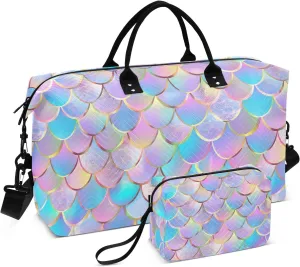 Fish Scale Travel Duffle Gym Bag, Fish Scales Colorful Print Weekender for Women with Toiletry Bag