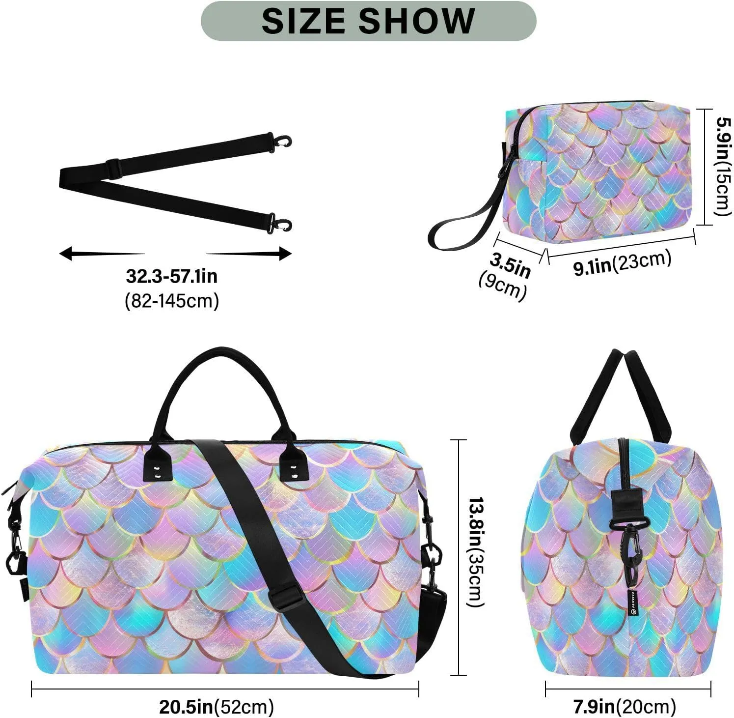 Fish Scale Travel Duffle Gym Bag, Fish Scales Colorful Print Weekender for Women with Toiletry Bag