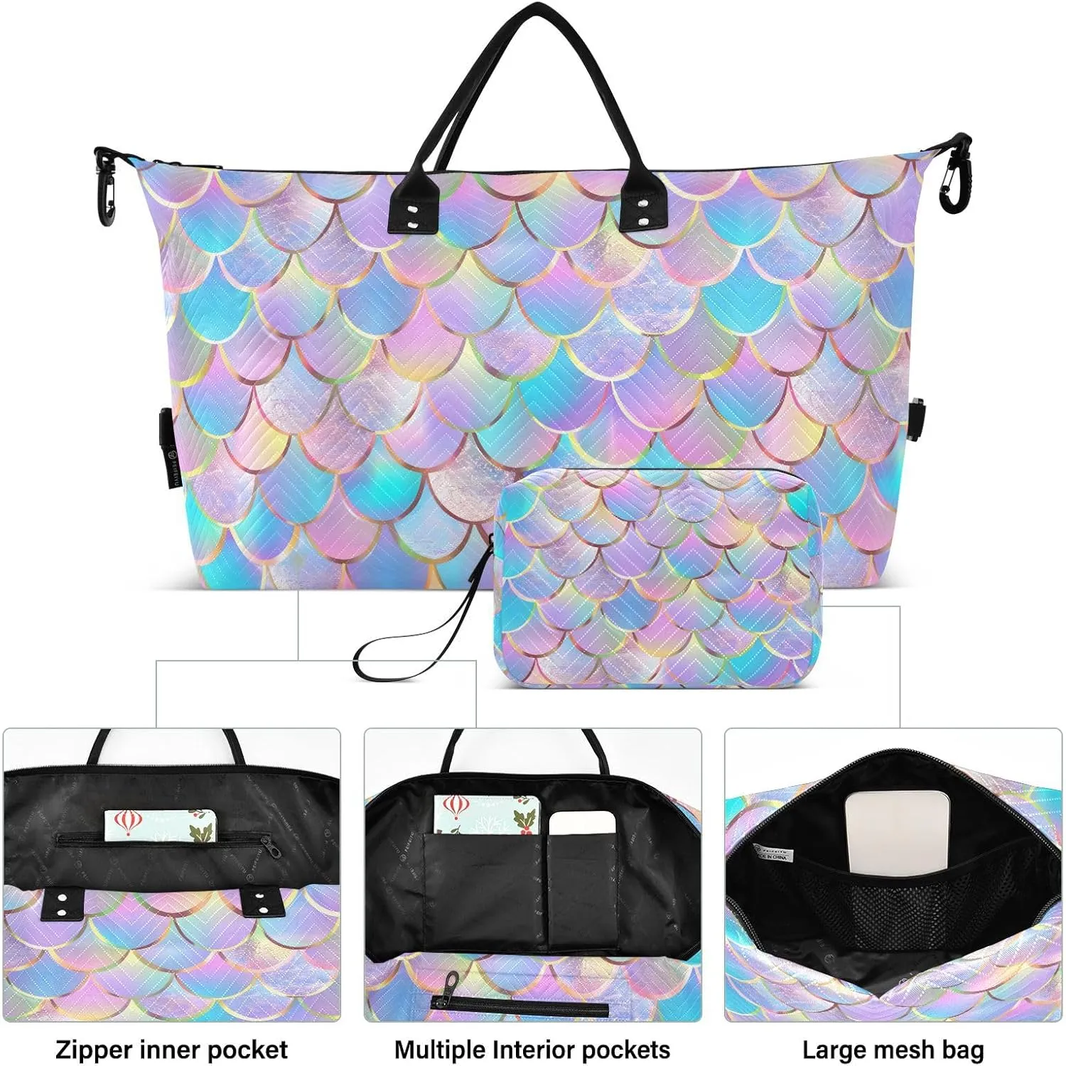 Fish Scale Travel Duffle Gym Bag, Fish Scales Colorful Print Weekender for Women with Toiletry Bag