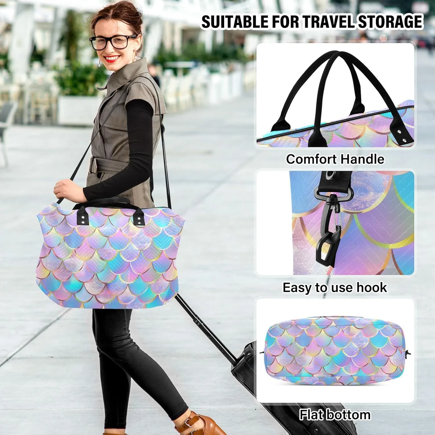 Fish Scale Travel Duffle Gym Bag, Fish Scales Colorful Print Weekender for Women with Toiletry Bag