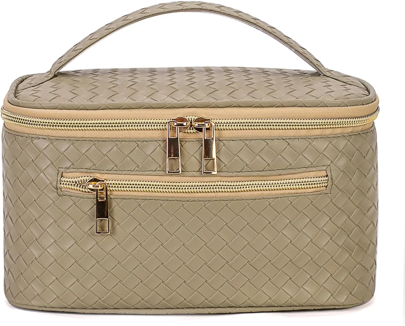 FITINI Large Makeup Bag Portable Cosmetic Bags,Travel Make-up Organize Leather Toiletry Bag for Women Purse With Handle Zipper Cosmetic Brush Pouch,Olive Green