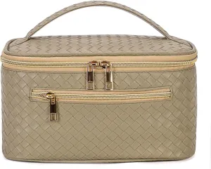 FITINI Large Makeup Bag Portable Cosmetic Bags,Travel Make-up Organize Leather Toiletry Bag for Women Purse With Handle Zipper Cosmetic Brush Pouch,Olive Green