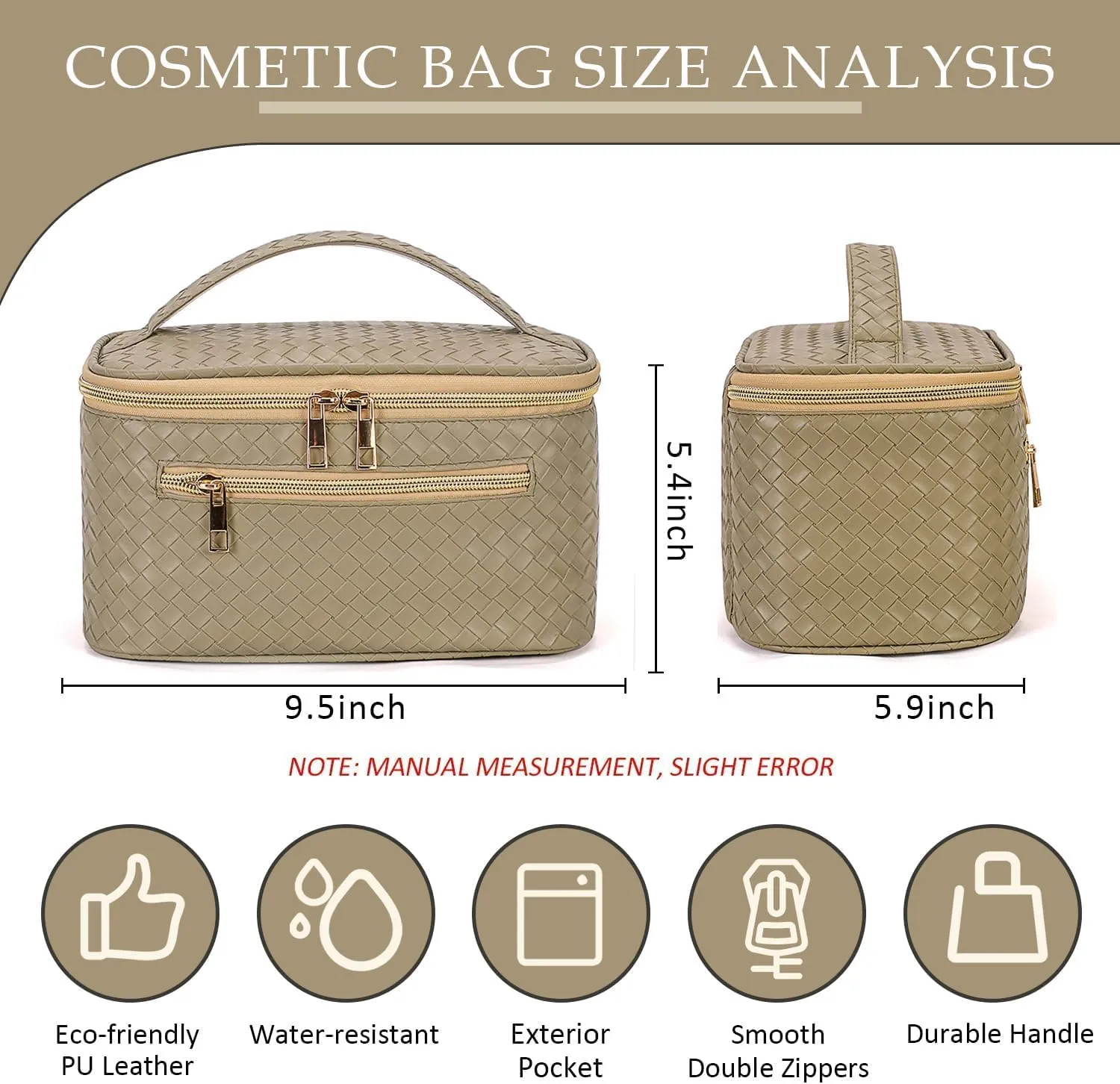 FITINI Large Makeup Bag Portable Cosmetic Bags,Travel Make-up Organize Leather Toiletry Bag for Women Purse With Handle Zipper Cosmetic Brush Pouch,Olive Green