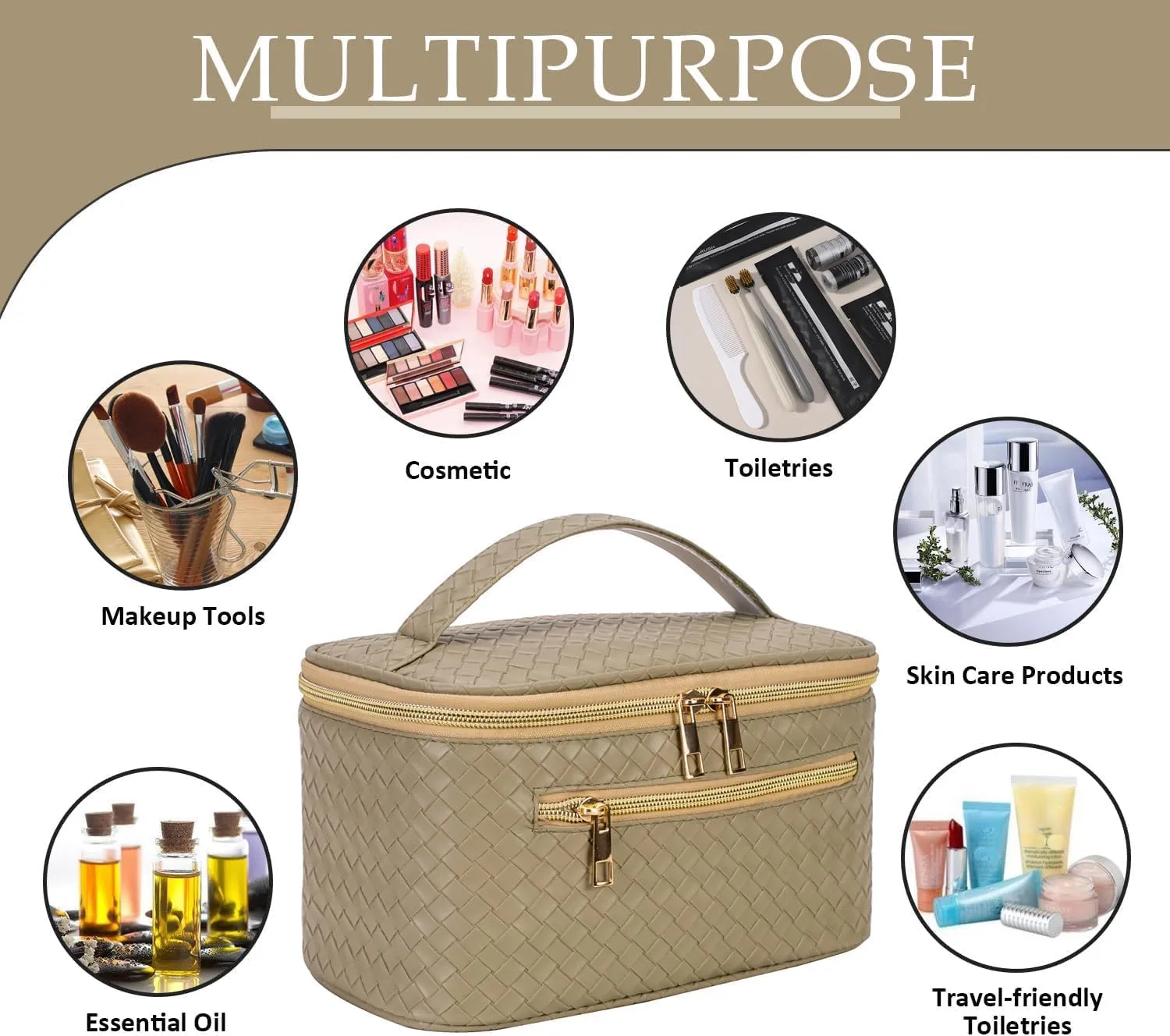 FITINI Large Makeup Bag Portable Cosmetic Bags,Travel Make-up Organize Leather Toiletry Bag for Women Purse With Handle Zipper Cosmetic Brush Pouch,Olive Green
