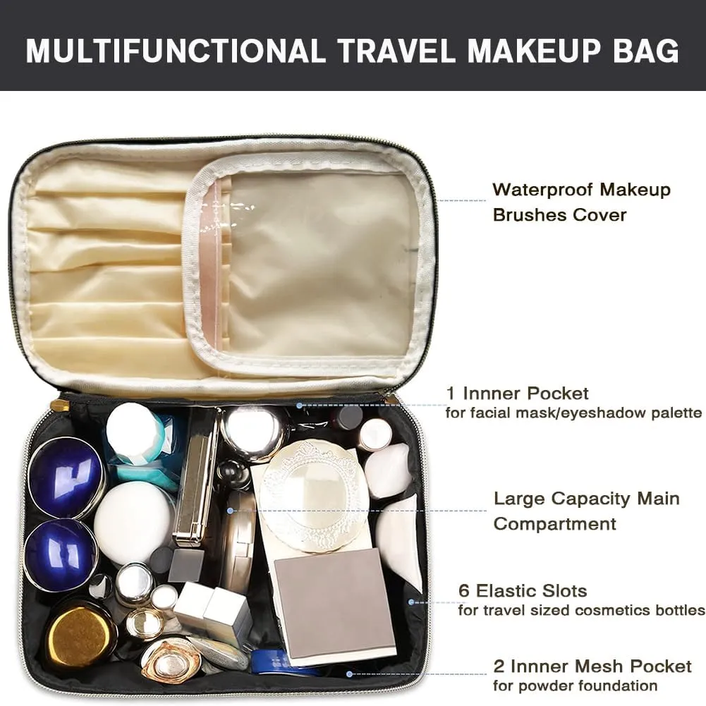 FITINI Makeup Bag Portable Cosmetic Bags,Large Travel Make-up Organize PU Leather Toiletry Bag for Women Purse With Handle Zipper Cosmetic Brush Pouch,Brown Leopard