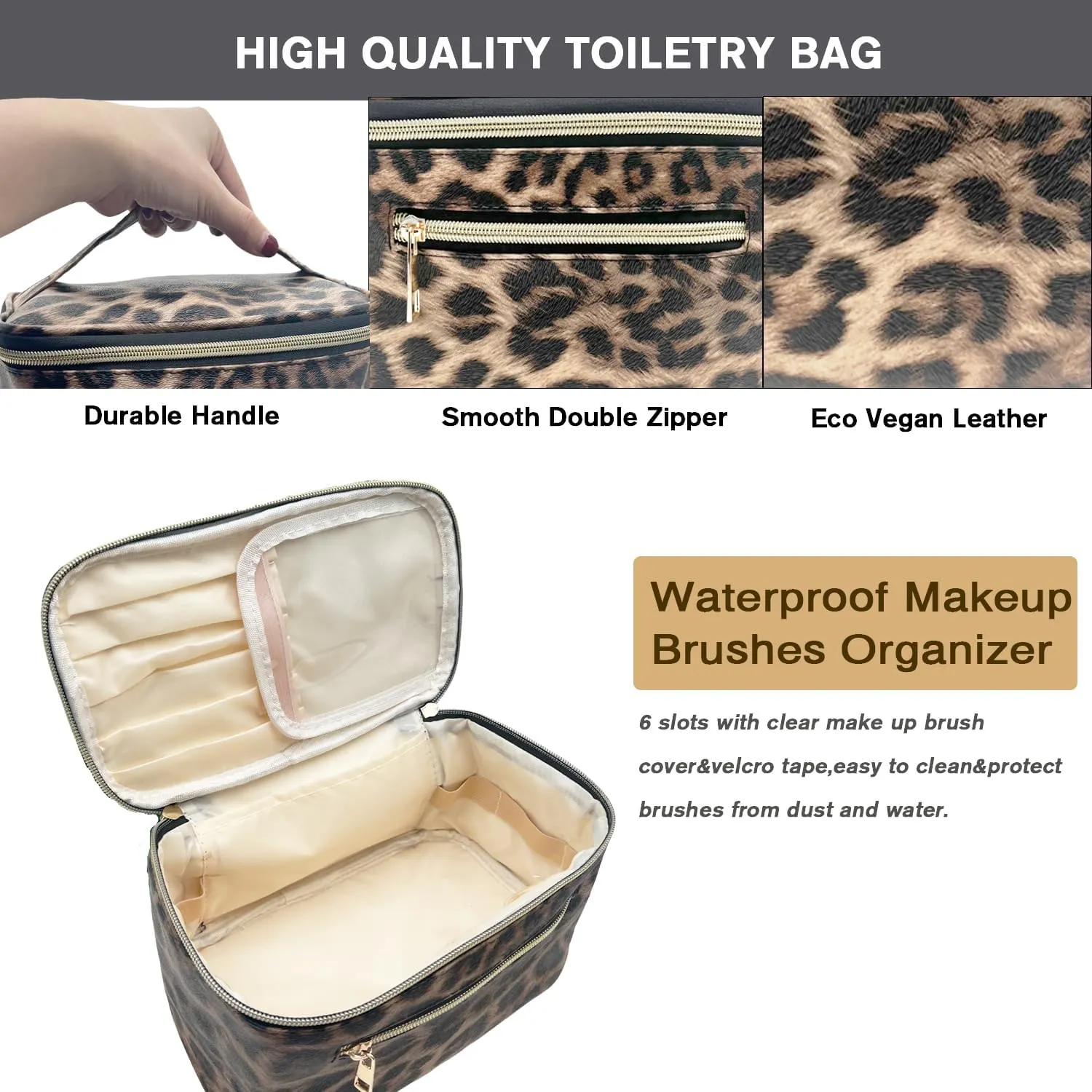 FITINI Makeup Bag Portable Cosmetic Bags,Large Travel Make-up Organize PU Leather Toiletry Bag for Women Purse With Handle Zipper Cosmetic Brush Pouch,Brown Leopard
