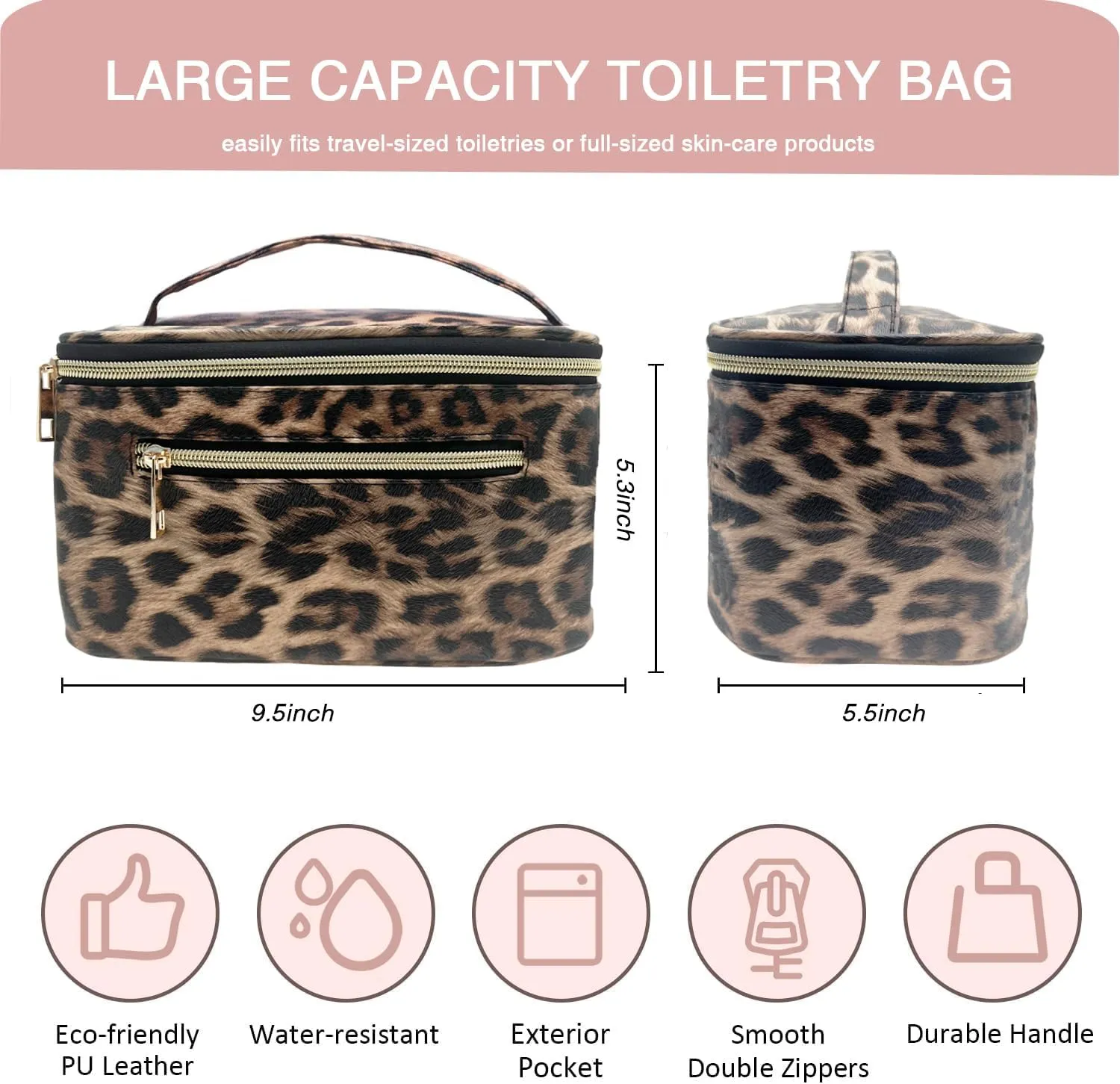 FITINI Makeup Bag Portable Cosmetic Bags,Large Travel Make-up Organize PU Leather Toiletry Bag for Women Purse With Handle Zipper Cosmetic Brush Pouch,Brown Leopard