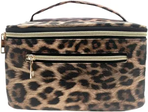 FITINI Makeup Bag Portable Cosmetic Bags,Large Travel Make-up Organize PU Leather Toiletry Bag for Women Purse With Handle Zipper Cosmetic Brush Pouch,Brown Leopard