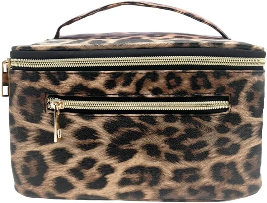 FITINI Makeup Bag Portable Cosmetic Bags,Large Travel Make-up Organize PU Leather Toiletry Bag for Women Purse With Handle Zipper Cosmetic Brush Pouch,Brown Leopard