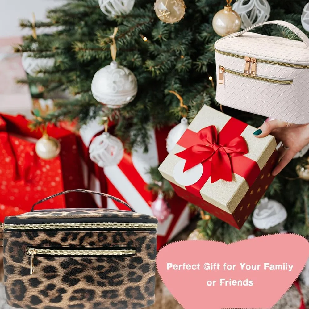 FITINI Makeup Bag Portable Cosmetic Bags,Large Travel Make-up Organize PU Leather Toiletry Bag for Women Purse With Handle Zipper Cosmetic Brush Pouch,Brown Leopard