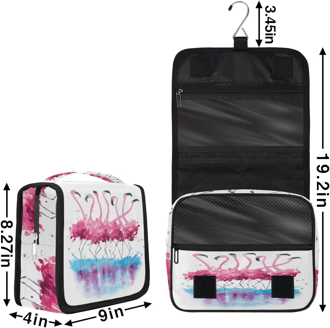 Flamingo Travel Toiletry Bag with Hanging Hook, Watercolor Lake Reflection Bird Waterproof Toiletries Travel Bag Women Men, Portable Makeup Bag Organizer, Hanging Travel Cosmetics Bag for Bathroom