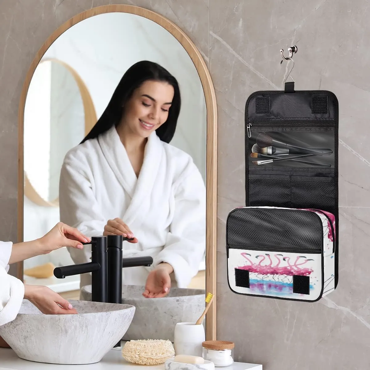 Flamingo Travel Toiletry Bag with Hanging Hook, Watercolor Lake Reflection Bird Waterproof Toiletries Travel Bag Women Men, Portable Makeup Bag Organizer, Hanging Travel Cosmetics Bag for Bathroom