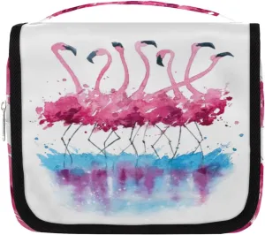 Flamingo Travel Toiletry Bag with Hanging Hook, Watercolor Lake Reflection Bird Waterproof Toiletries Travel Bag Women Men, Portable Makeup Bag Organizer, Hanging Travel Cosmetics Bag for Bathroom