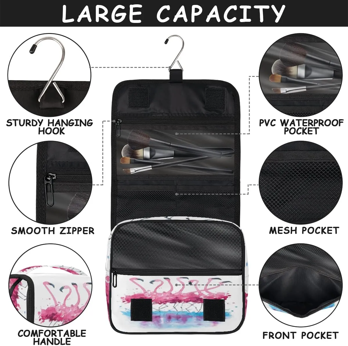 Flamingo Travel Toiletry Bag with Hanging Hook, Watercolor Lake Reflection Bird Waterproof Toiletries Travel Bag Women Men, Portable Makeup Bag Organizer, Hanging Travel Cosmetics Bag for Bathroom