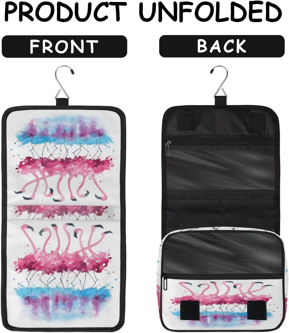 Flamingo Travel Toiletry Bag with Hanging Hook, Watercolor Lake Reflection Bird Waterproof Toiletries Travel Bag Women Men, Portable Makeup Bag Organizer, Hanging Travel Cosmetics Bag for Bathroom