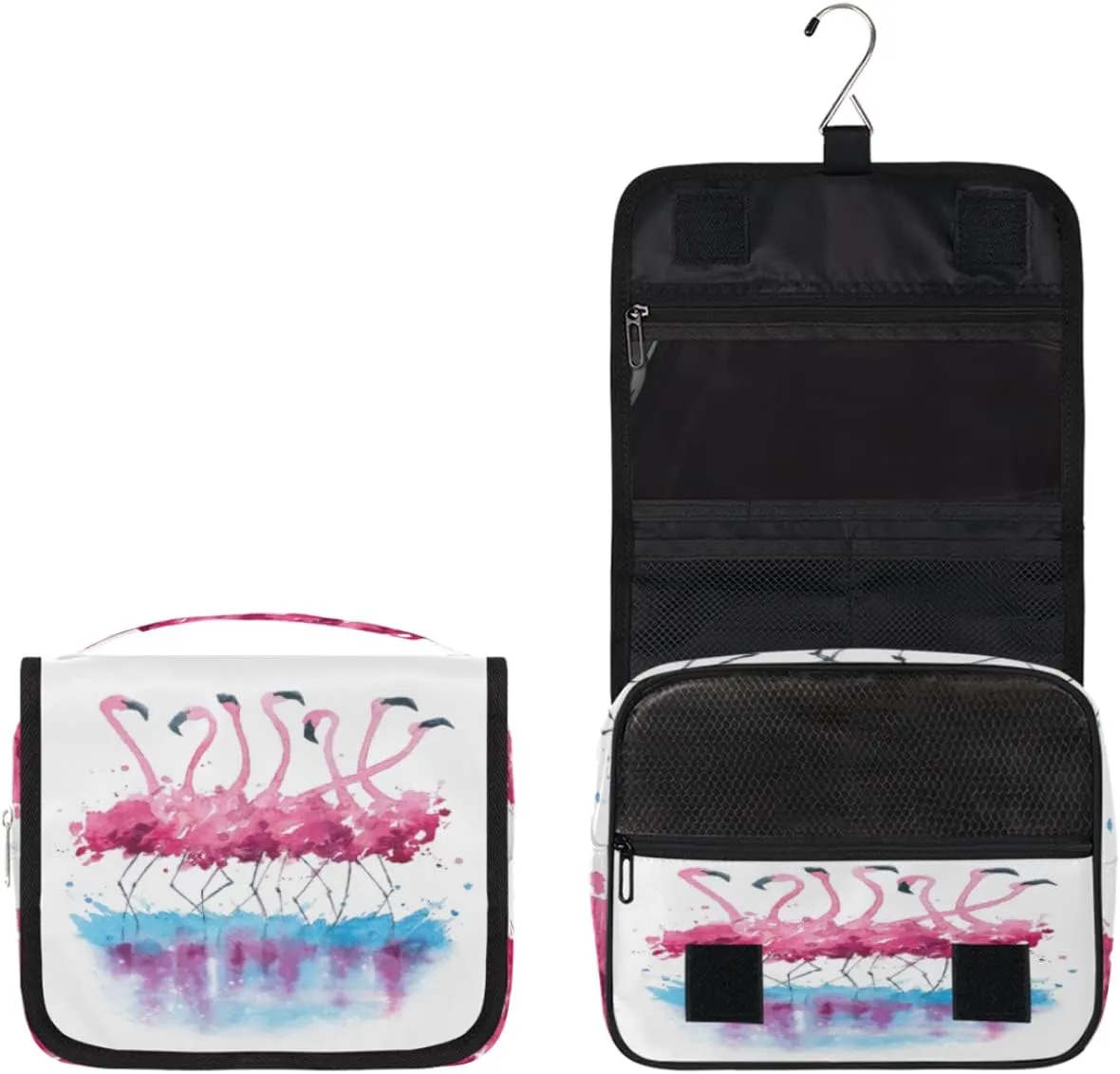 Flamingo Travel Toiletry Bag with Hanging Hook, Watercolor Lake Reflection Bird Waterproof Toiletries Travel Bag Women Men, Portable Makeup Bag Organizer, Hanging Travel Cosmetics Bag for Bathroom