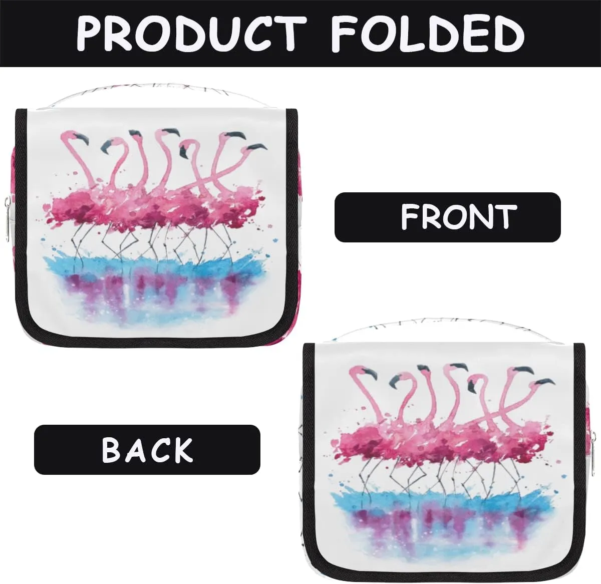 Flamingo Travel Toiletry Bag with Hanging Hook, Watercolor Lake Reflection Bird Waterproof Toiletries Travel Bag Women Men, Portable Makeup Bag Organizer, Hanging Travel Cosmetics Bag for Bathroom
