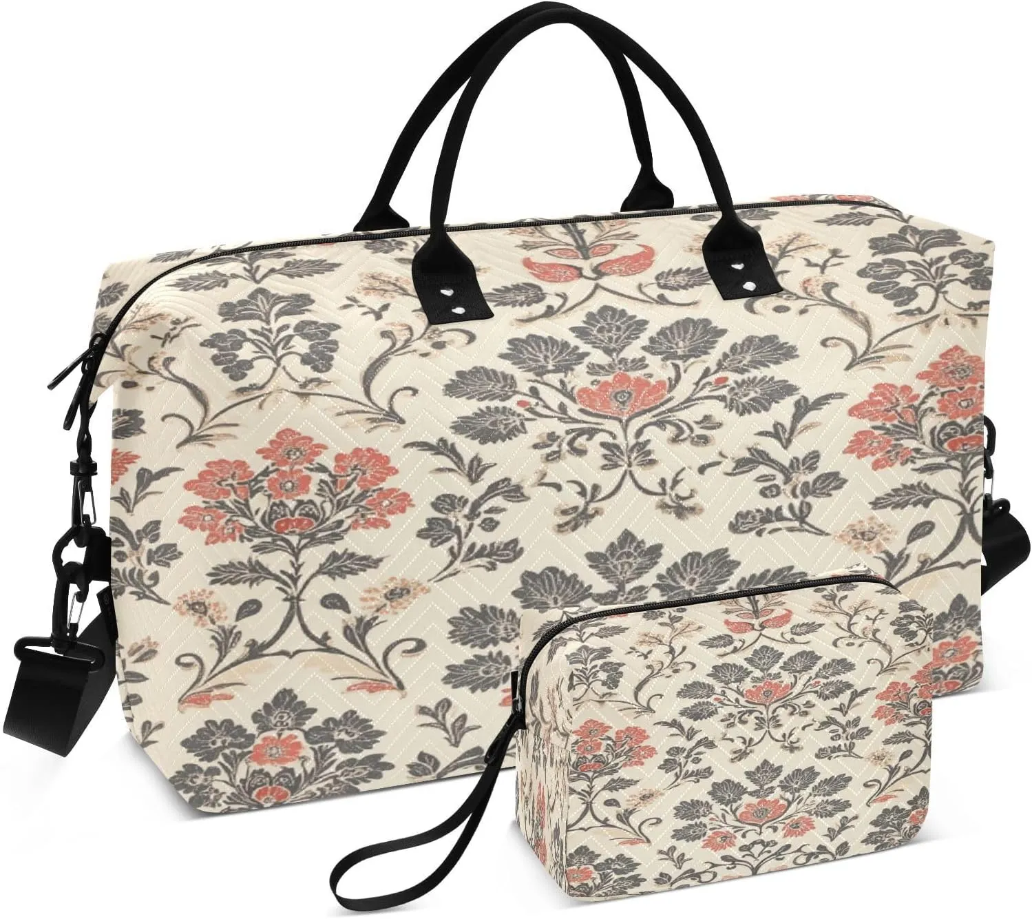 Floral Damask Foliage Beige Sports Gym Bag for Women Men Travel Duffel Bag Weekend Overnight Carry on Bag with Toiletry Bag Training Handbag for Swimming Yoga Workout Plane Hospital