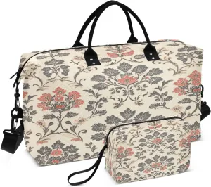 Floral Damask Foliage Beige Sports Gym Bag for Women Men Travel Duffel Bag Weekend Overnight Carry on Bag with Toiletry Bag Training Handbag for Swimming Yoga Workout Plane Hospital