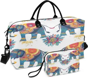 Floral Elephant White Sports Gym Bag for Women Men Travel Duffel Bag Weekend Overnight Carry on Bag with Toiletry Bag Training Handbag for Plane Hospital Workout Swimming Yoga