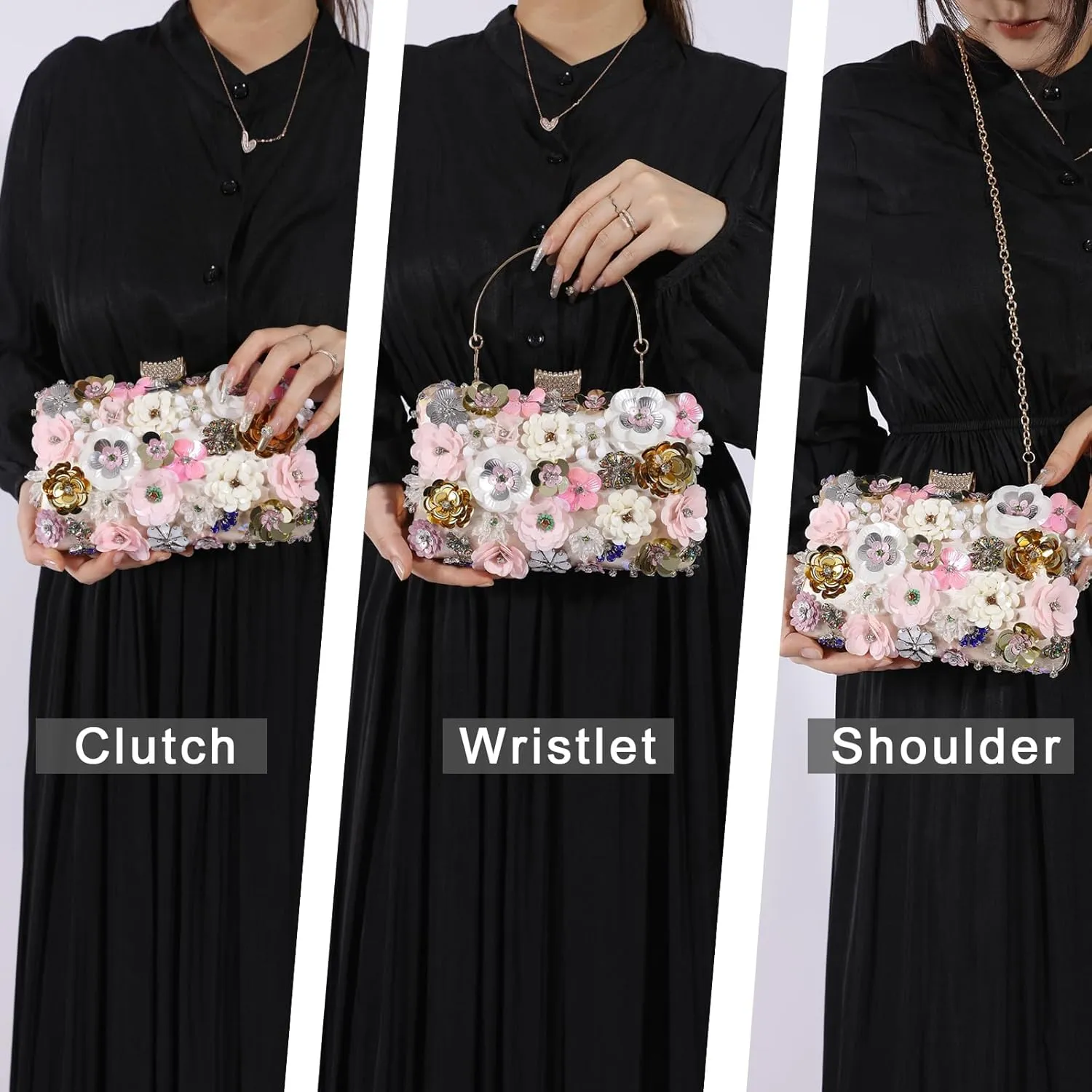 Floral Evening Bag for Women Embroidery Beaded Clutch Purses Vintage Pearl Evening Handbags Elegant Crossbody Shoulder Bag