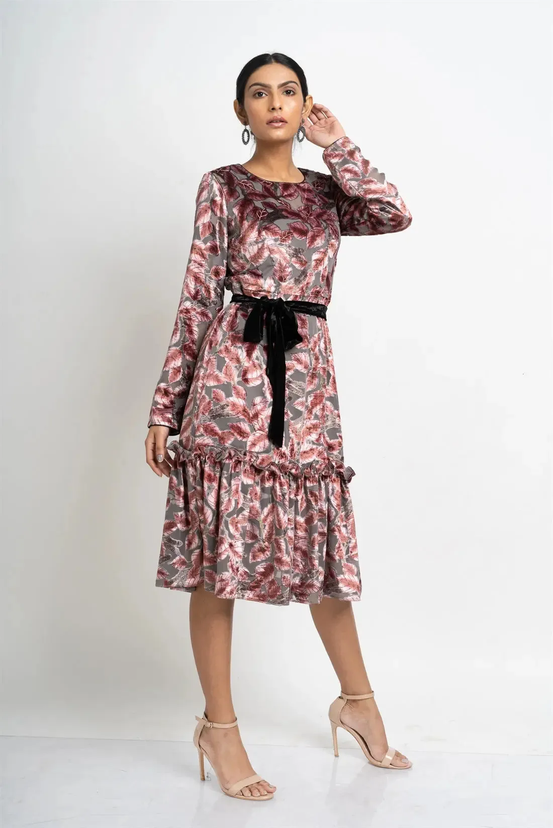 Floral Grey Ruffled Velvet Dress