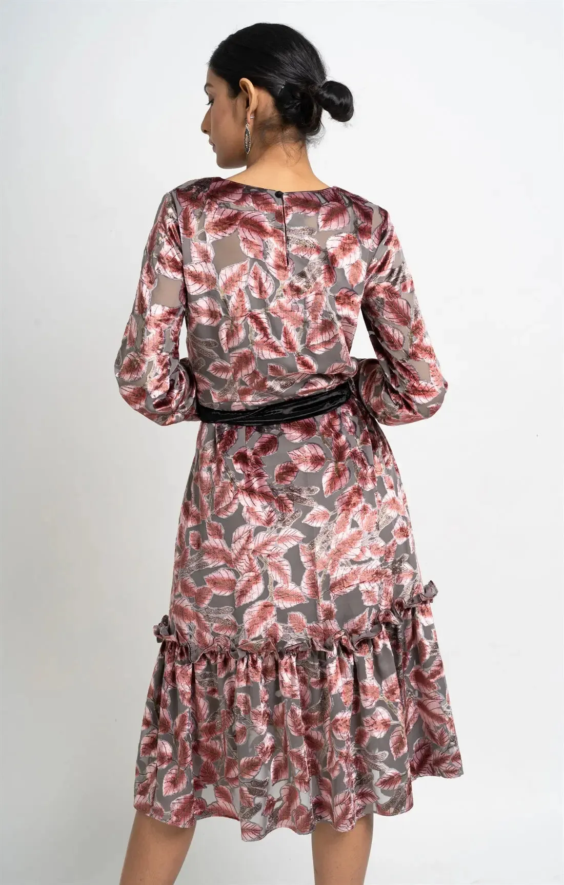 Floral Grey Ruffled Velvet Dress
