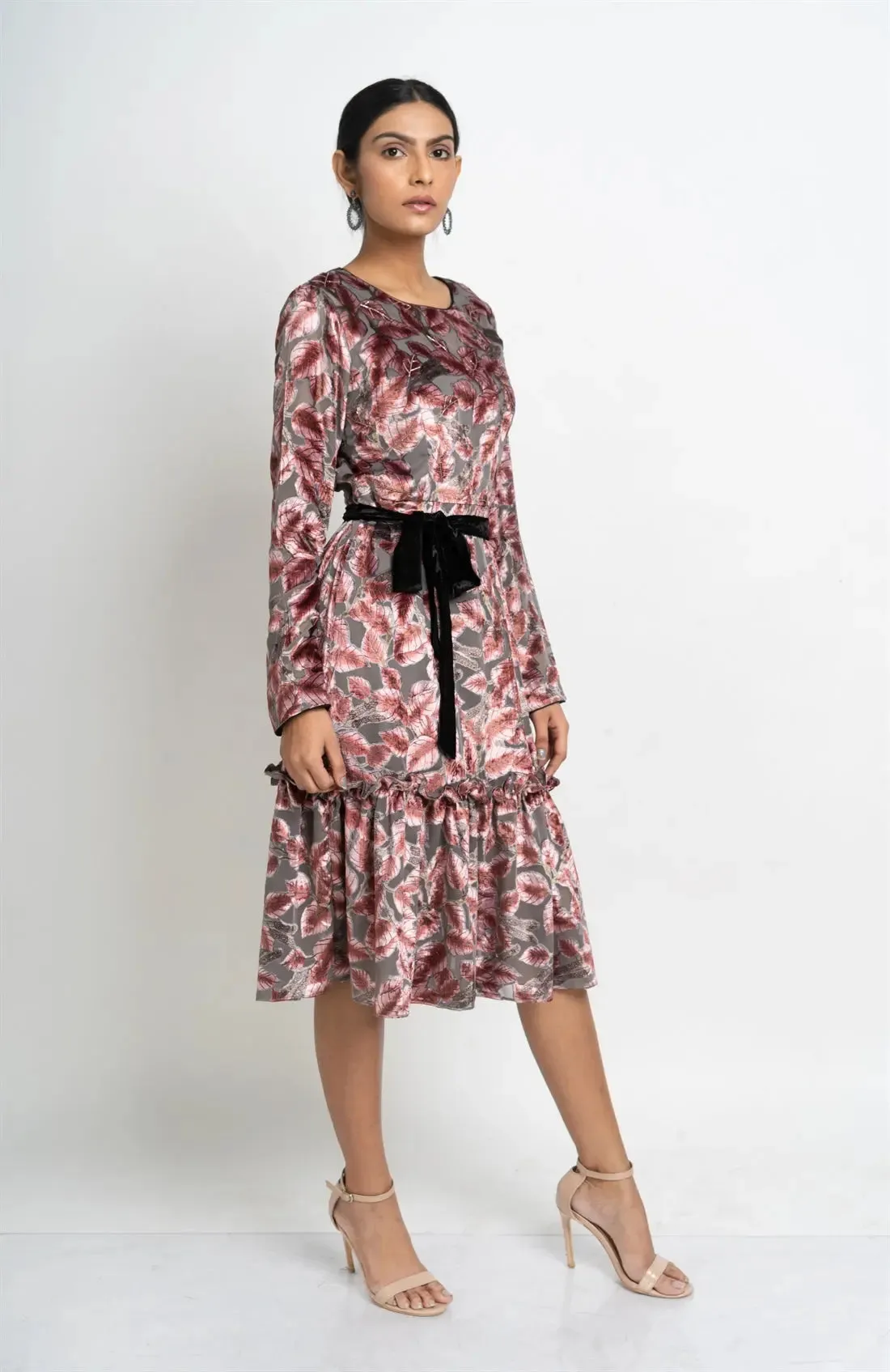 Floral Grey Ruffled Velvet Dress