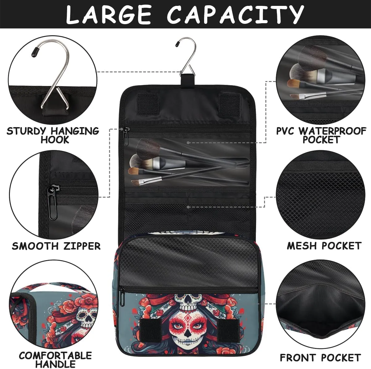 Floral Sugar Skull Travel Toiletry Bag with Hanging Hook, Waterproof Toiletries Bag for Women, Portable Makeup Organizer for Makeup Brushes Digital Accessories, Hanging Cosmetics Bag for Bathroom