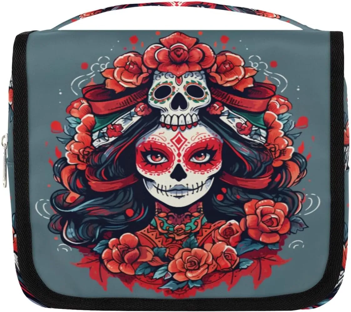 Floral Sugar Skull Travel Toiletry Bag with Hanging Hook, Waterproof Toiletries Bag for Women, Portable Makeup Organizer for Makeup Brushes Digital Accessories, Hanging Cosmetics Bag for Bathroom