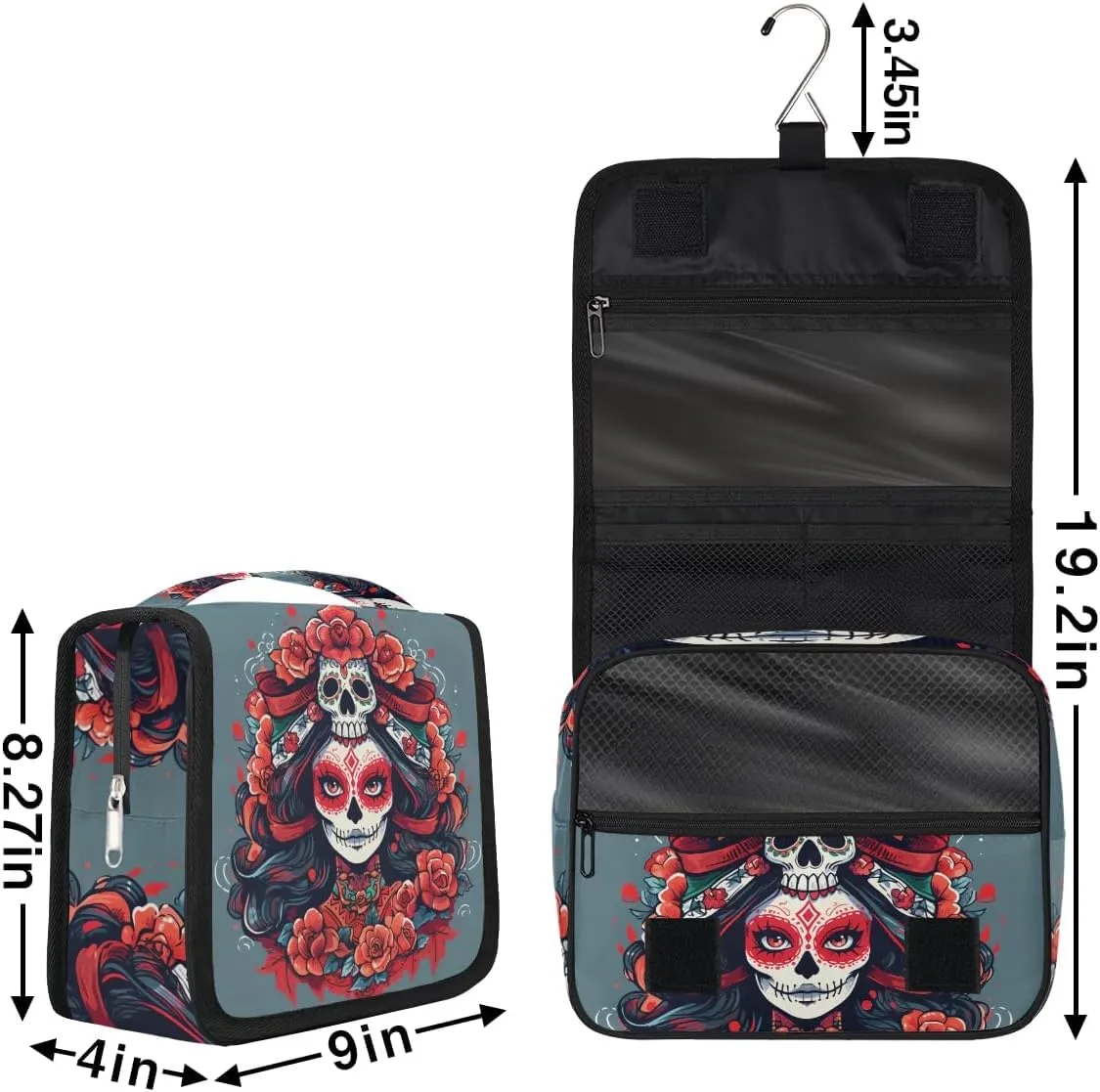 Floral Sugar Skull Travel Toiletry Bag with Hanging Hook, Waterproof Toiletries Bag for Women, Portable Makeup Organizer for Makeup Brushes Digital Accessories, Hanging Cosmetics Bag for Bathroom
