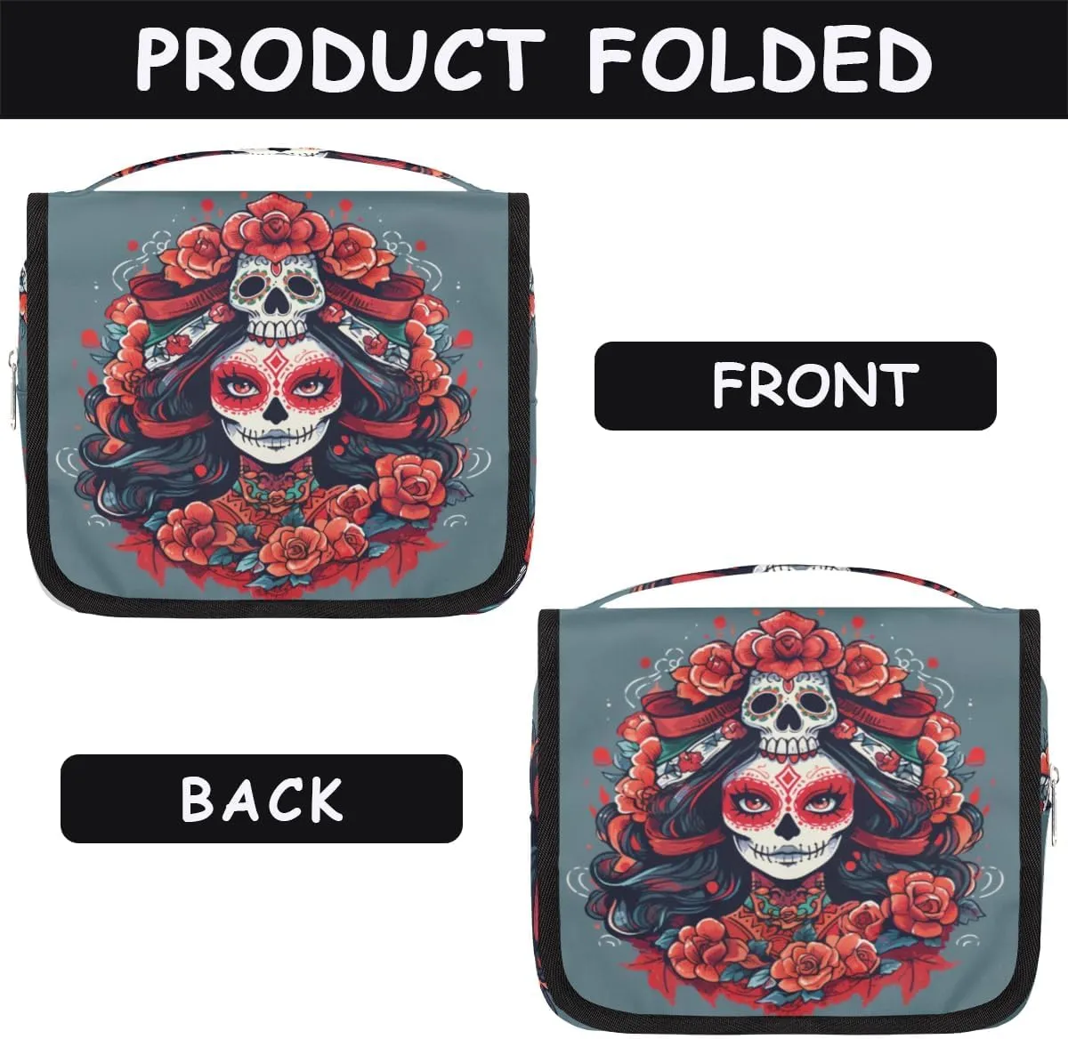 Floral Sugar Skull Travel Toiletry Bag with Hanging Hook, Waterproof Toiletries Bag for Women, Portable Makeup Organizer for Makeup Brushes Digital Accessories, Hanging Cosmetics Bag for Bathroom