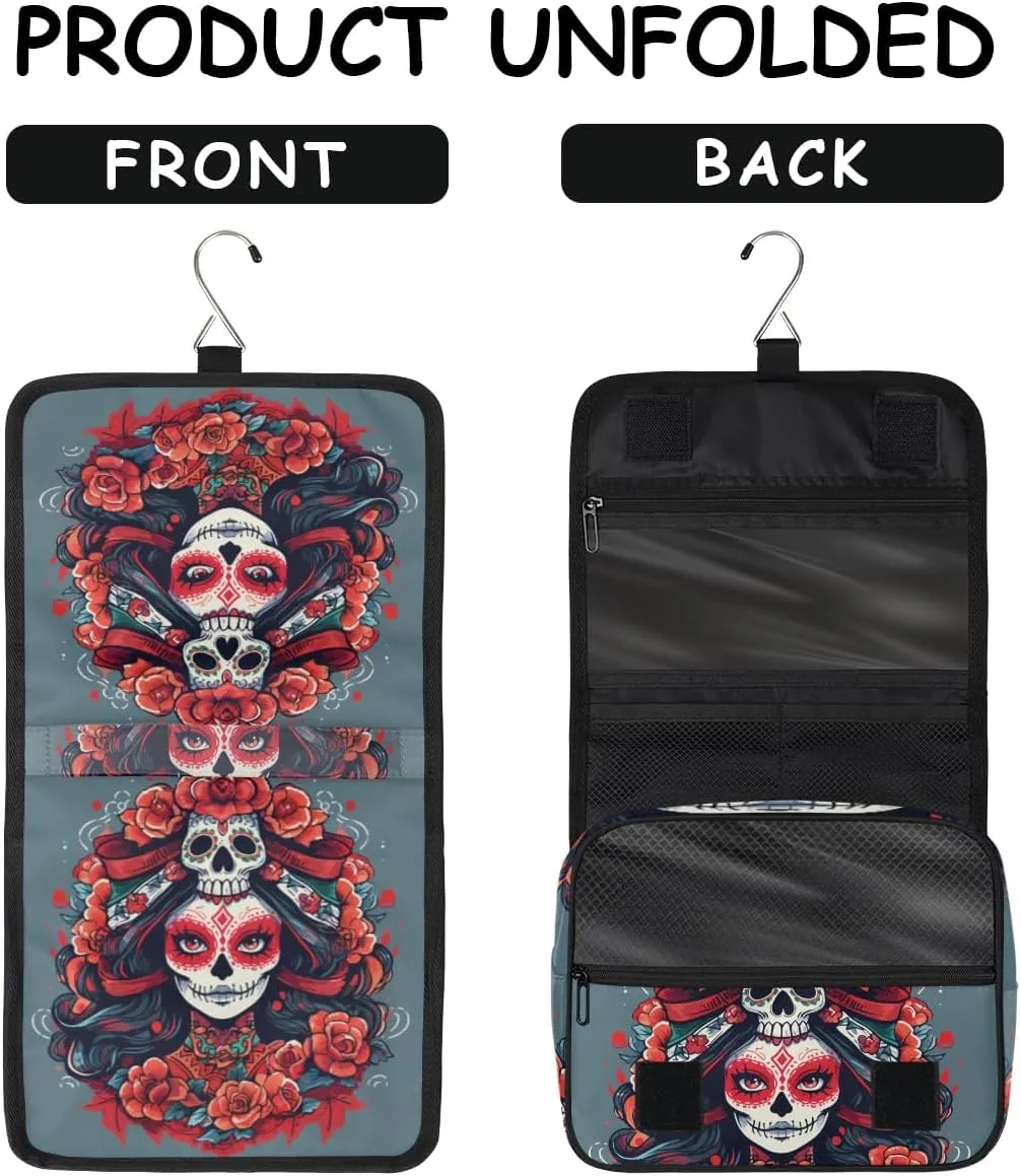 Floral Sugar Skull Travel Toiletry Bag with Hanging Hook, Waterproof Toiletries Bag for Women, Portable Makeup Organizer for Makeup Brushes Digital Accessories, Hanging Cosmetics Bag for Bathroom