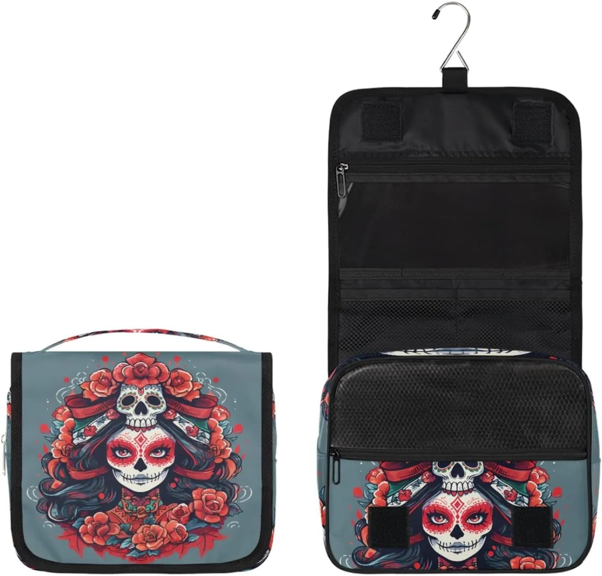 Floral Sugar Skull Travel Toiletry Bag with Hanging Hook, Waterproof Toiletries Bag for Women, Portable Makeup Organizer for Makeup Brushes Digital Accessories, Hanging Cosmetics Bag for Bathroom