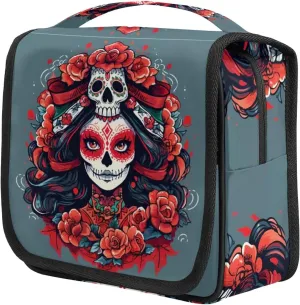 Floral Sugar Skull Travel Toiletry Bag with Hanging Hook, Waterproof Toiletries Bag for Women, Portable Makeup Organizer for Makeup Brushes Digital Accessories, Hanging Cosmetics Bag for Bathroom