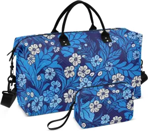 Flower Foliage Indigo Blue Sports Gym Bag for Women Men Travel Duffel Bag Weekend Overnight Carry on Bag with Toiletry Bag for Swimming Yoga Workout Hospital Plane