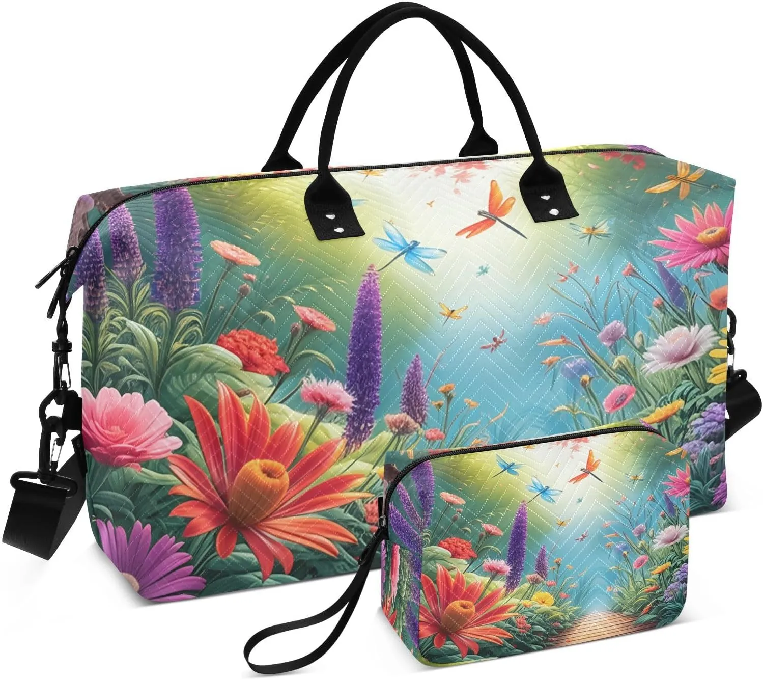 Flower Garden Cyan Sports Gym Bag for Women Men Travel Duffel Bag Weekend Overnight Carry on Bag with Toiletry Bag Hospital Bag for Plane Hospital Workout Swimming Yoga